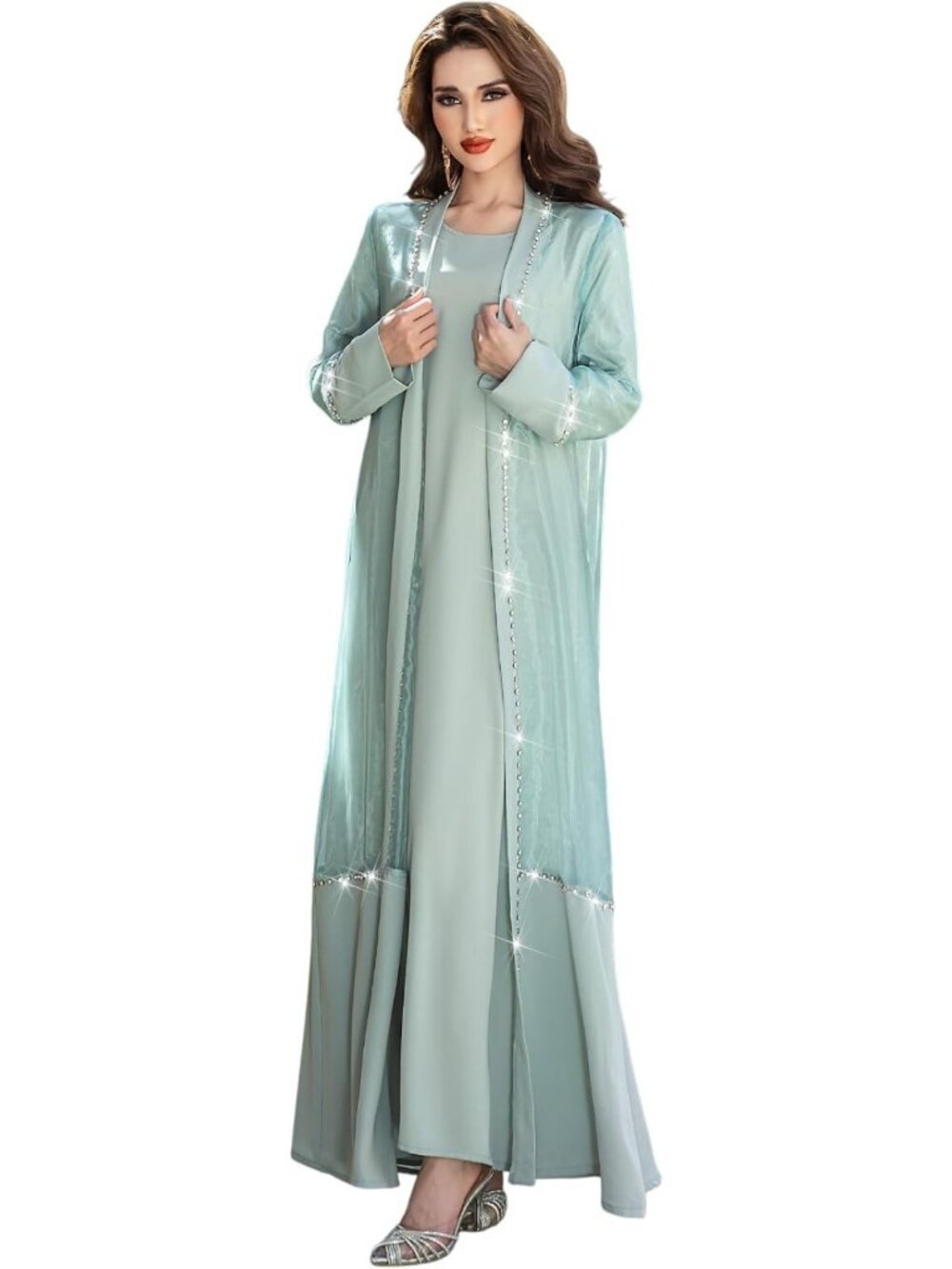 Elegant Two-Piece Abaya Dress Set, Hand-Beaded Sheer Overlay & Long Sleeve Inner
